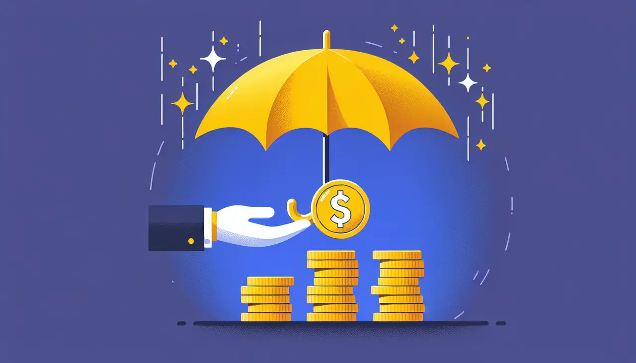 Draw a graphic in flat design style. A flat design image of a person holding an umbrella over stacks of coins, symbolizing protection and management of finances.