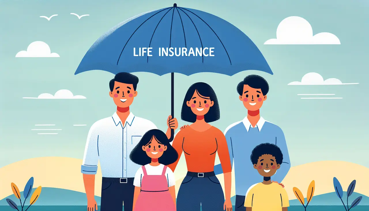 Draw a graphic in flat design style. A happy family standing under a giant umbrella labeled Life Insurance with a background of a simple, clear sky.