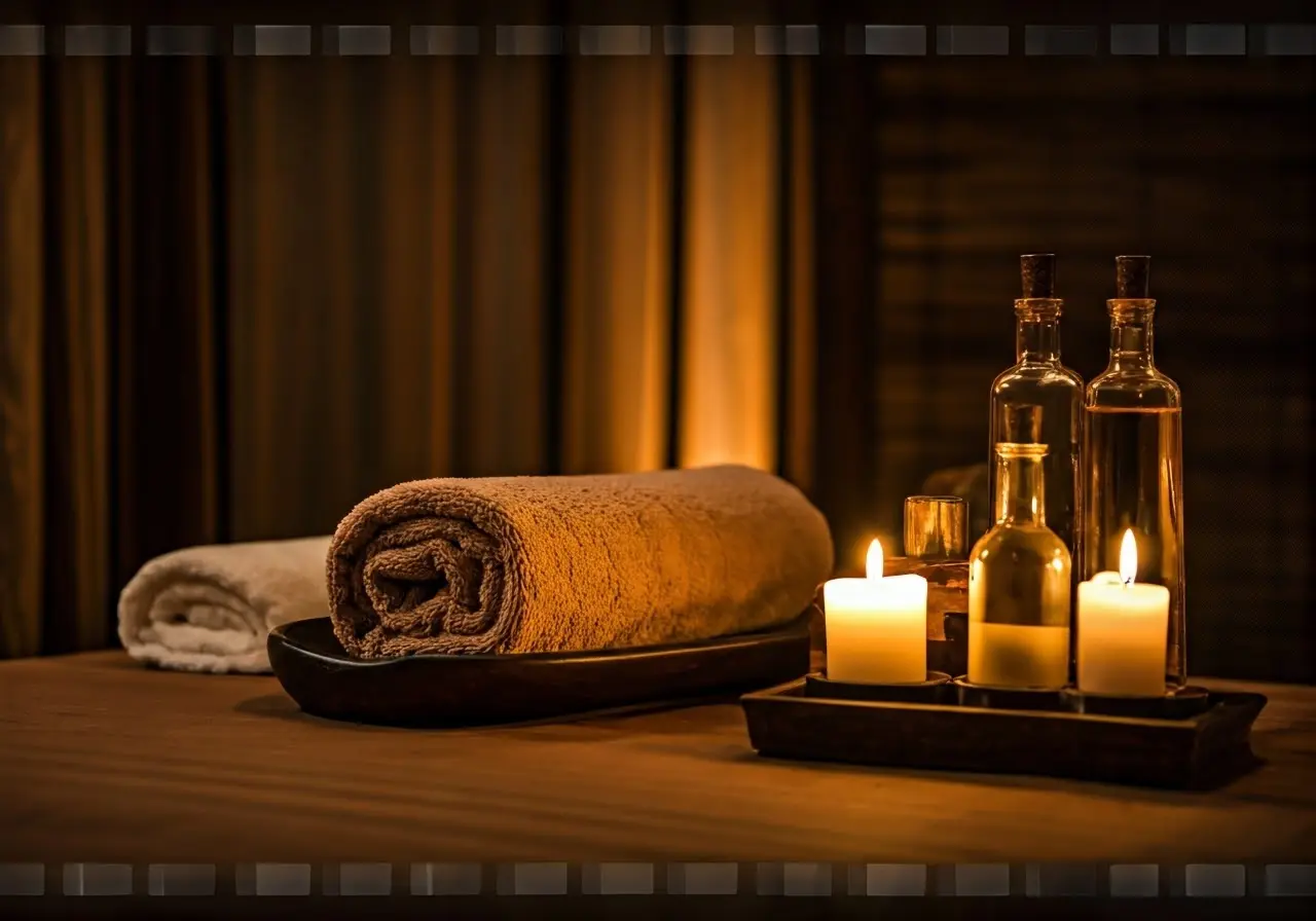 A serene spa room with massage oils and towels. 35mm stock photo