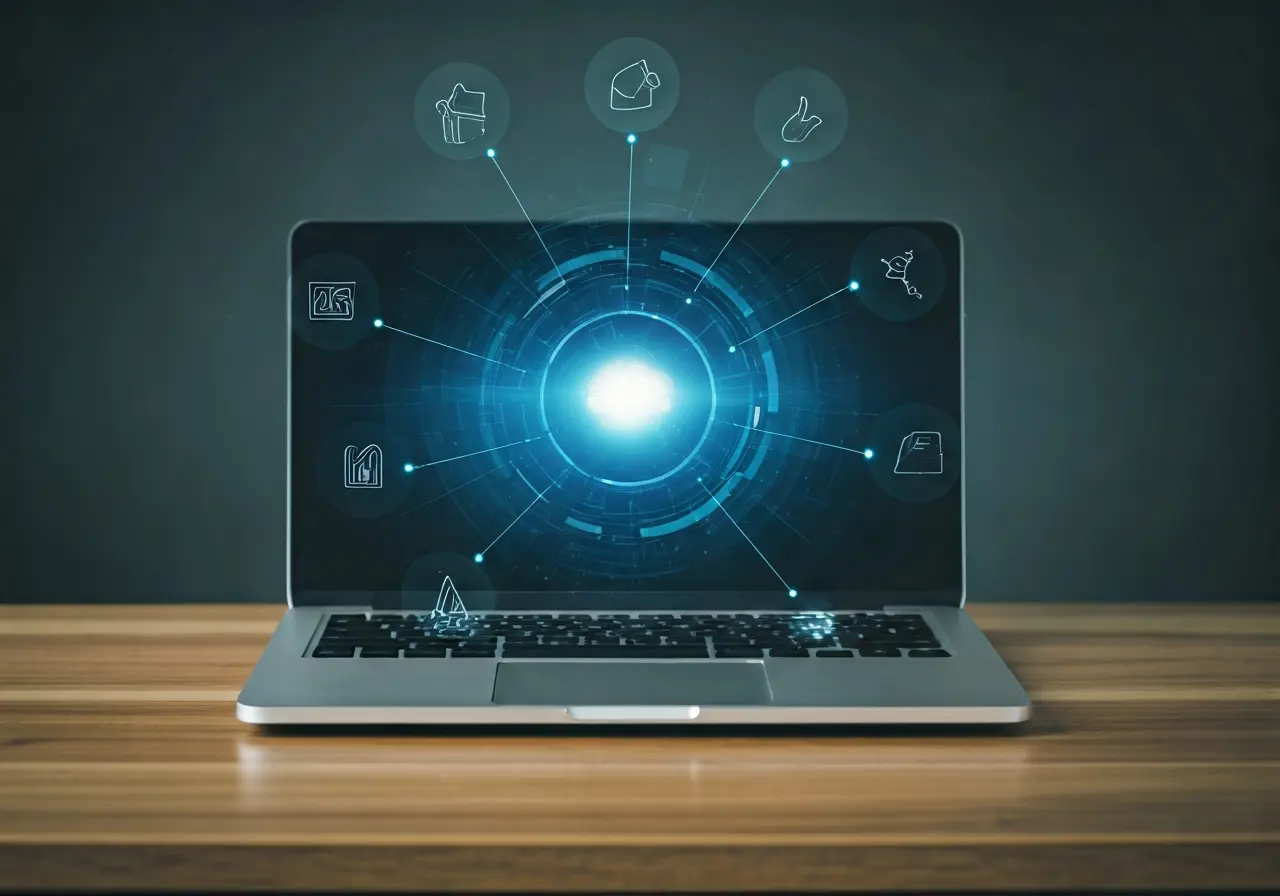 A laptop with educational icons surrounding it on a desk. 35mm stock photo