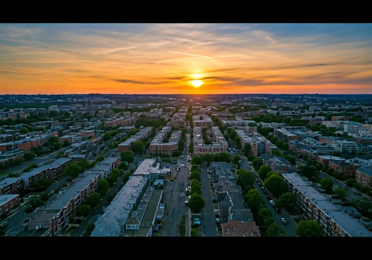 Aerial view of Washington D.C. residential neighborhood during sunset. 35mm stock photo