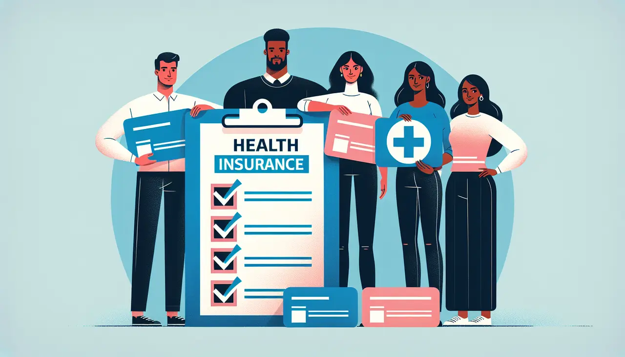 Draw a graphic in flat design style. A flat design illustration of a diverse group of individuals holding oversized health insurance cards with a blank checklist beside them.