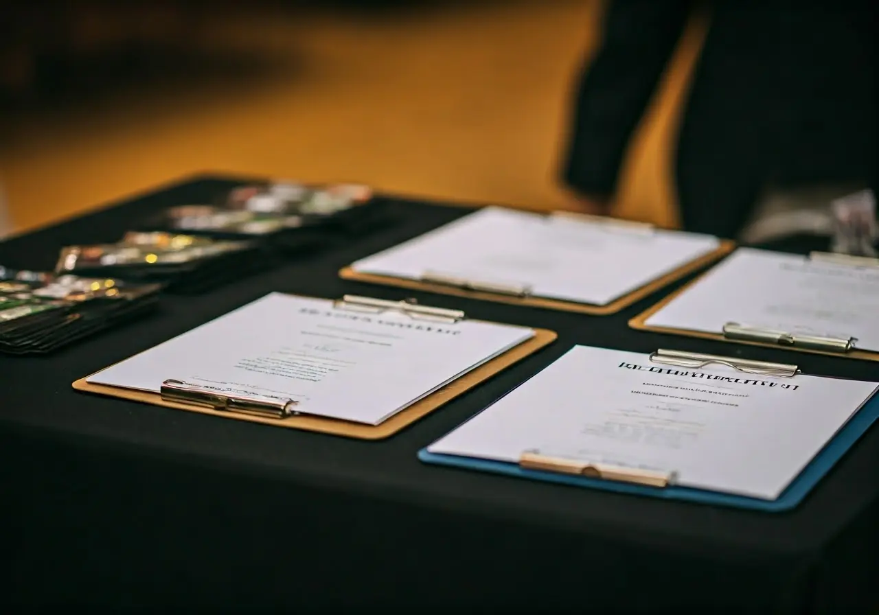 Clipboards and event badges arranged neatly on a registration table. 35mm stock photo
