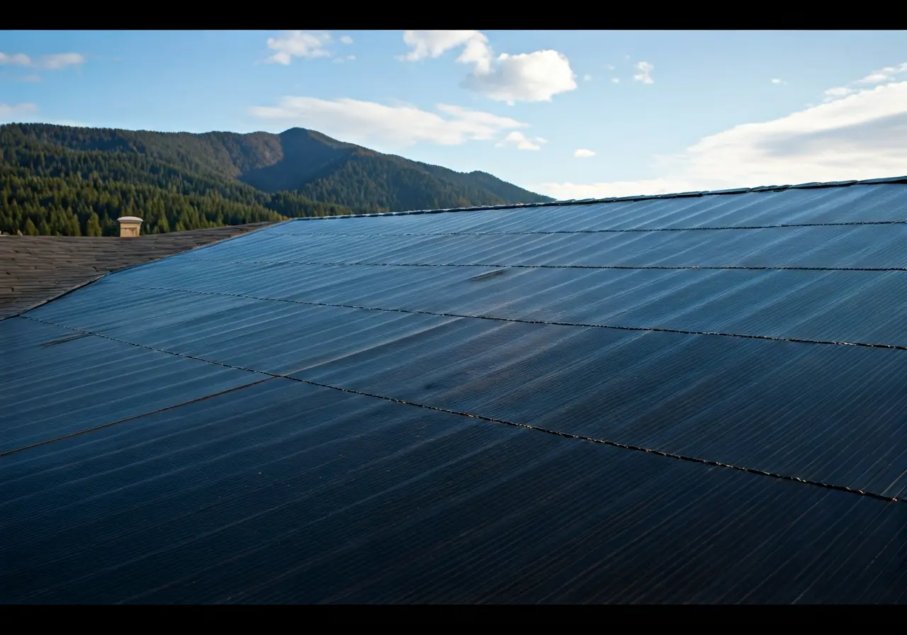 A rooftop with newly installed solstice solar shingles. 35mm stock photo