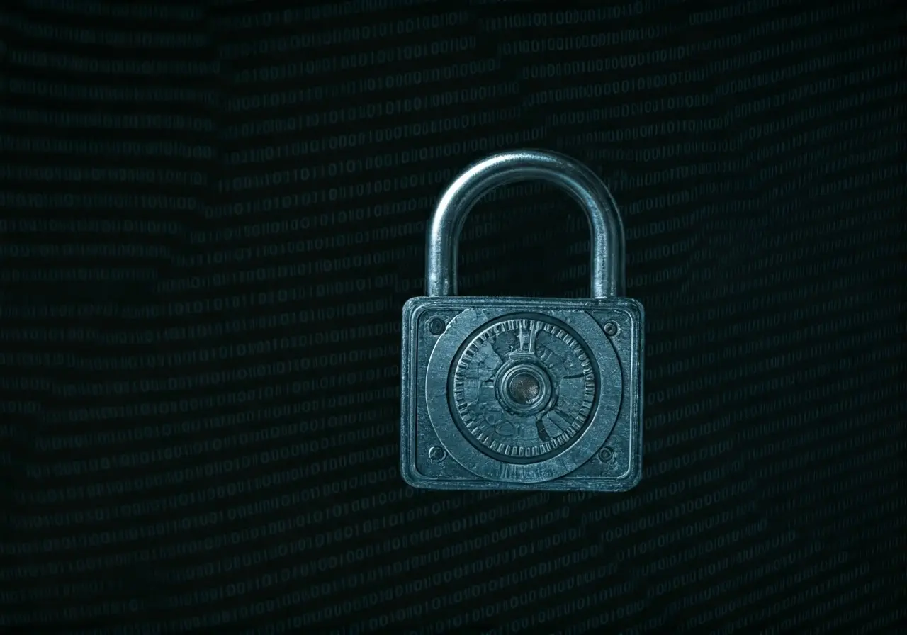 A padlock over digital binary code on a computer screen. 35mm stock photo