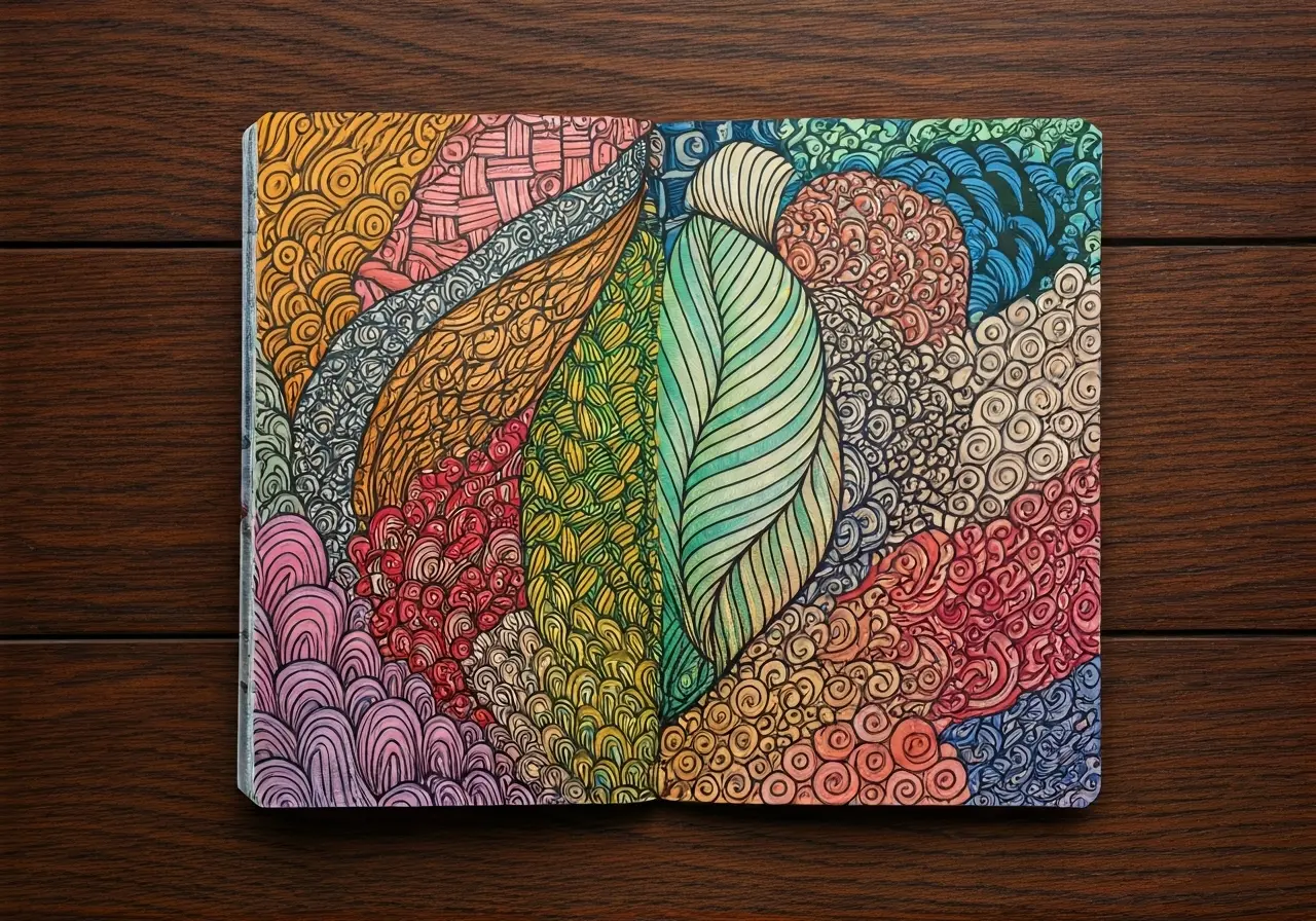 A colorful notepad with intricate, artistic doodles on each page. 35mm stock photo