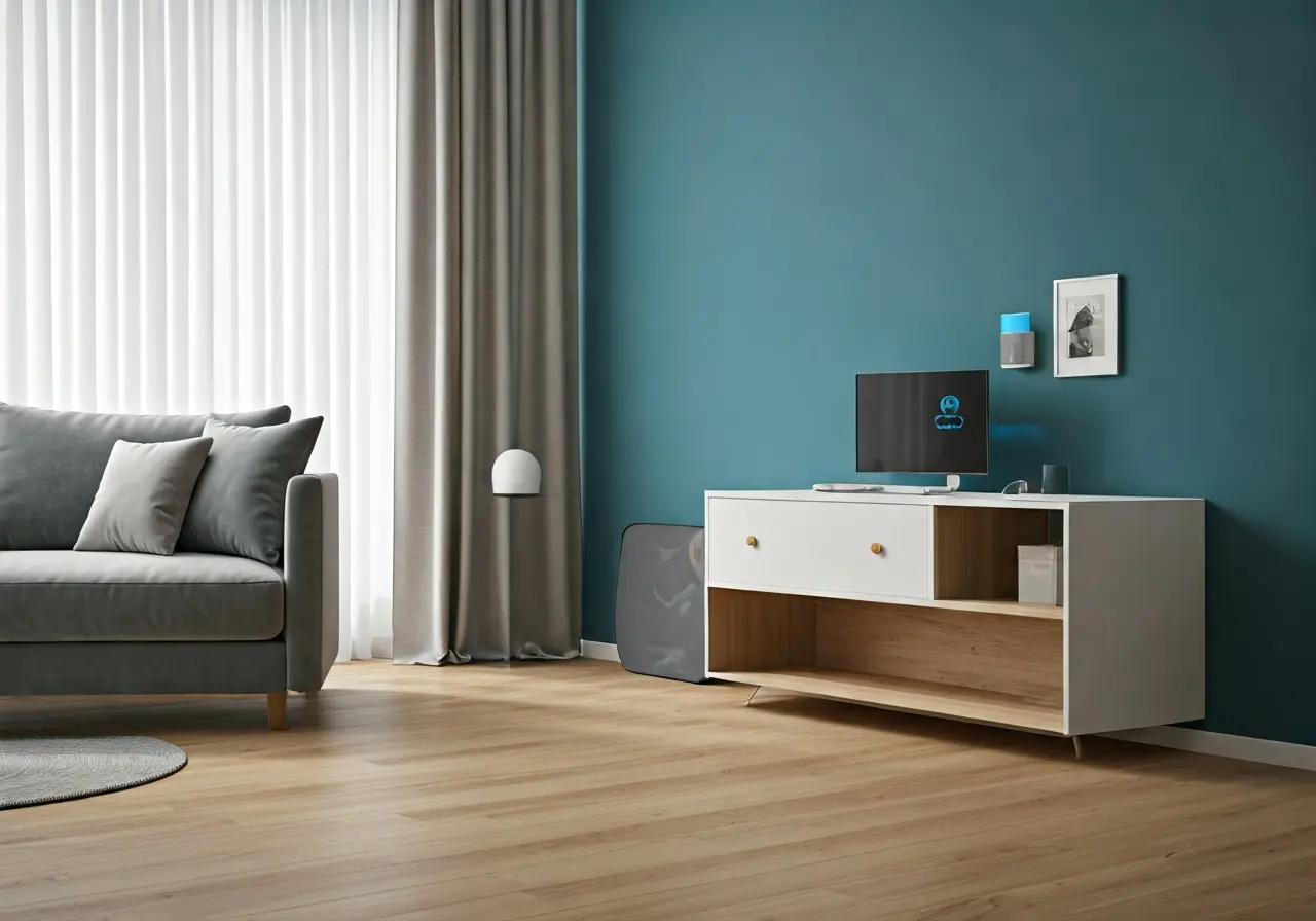 A modern living room with smart home technology and devices. 35mm stock photo