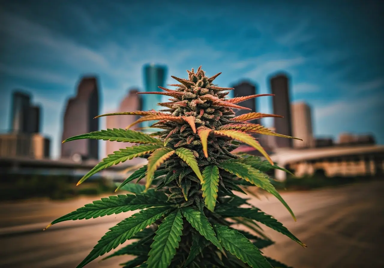 Colorful cannabis leaves with a Houston skyline in background. 35mm stock photo
