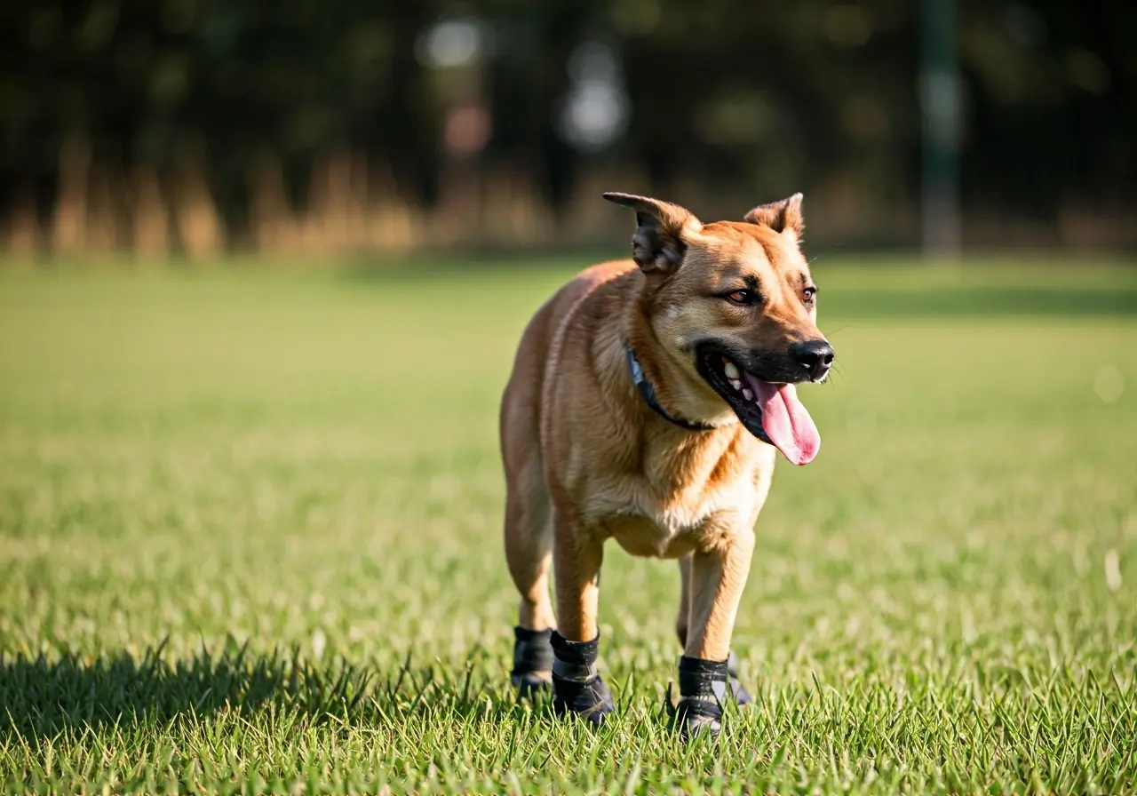 A happy dog wearing boots in a training session. 35mm stock photo