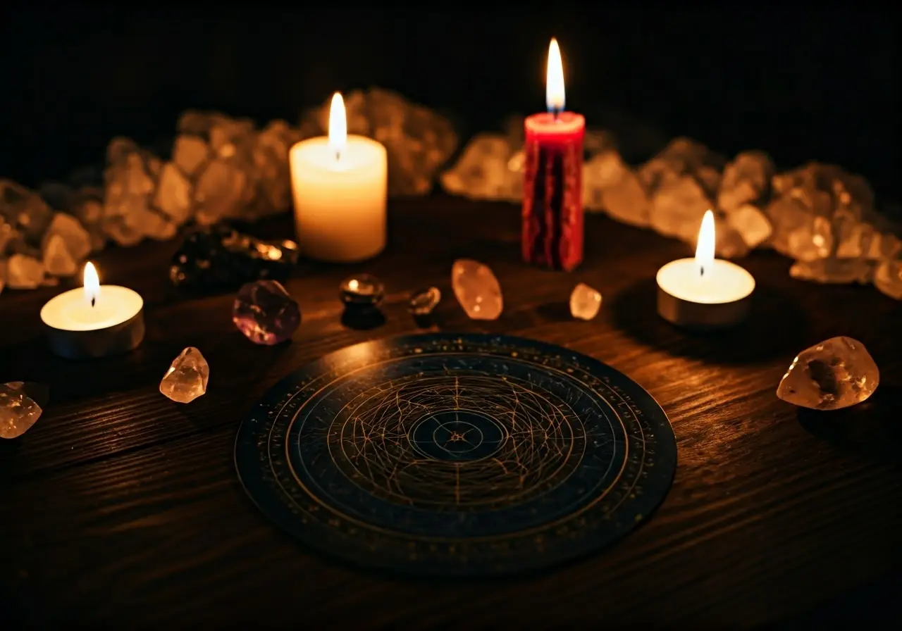 A mystical tarot card surrounded by candles and crystals. 35mm stock photo