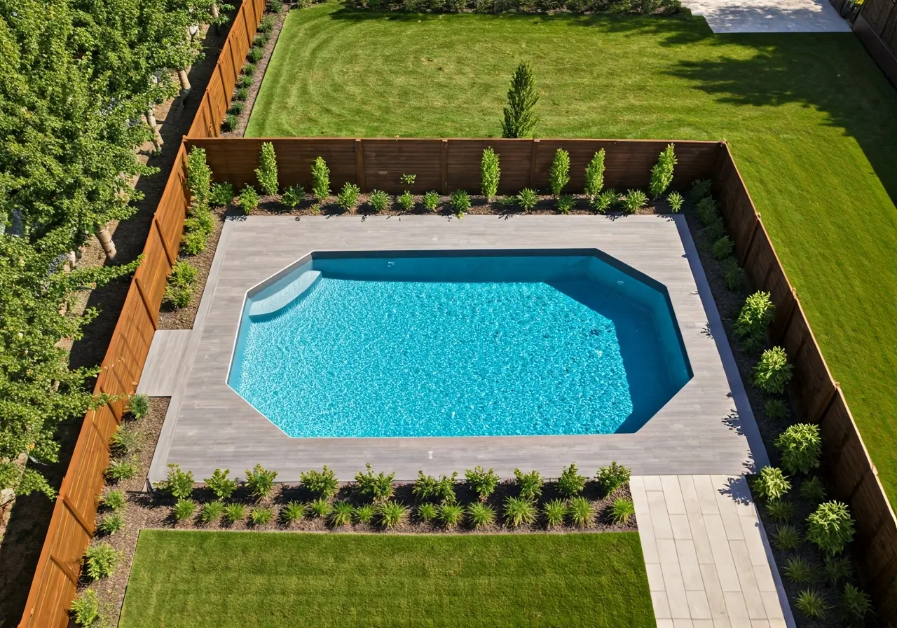 Aerial view of a modern backyard with a fiberglass pool. 35mm stock photo