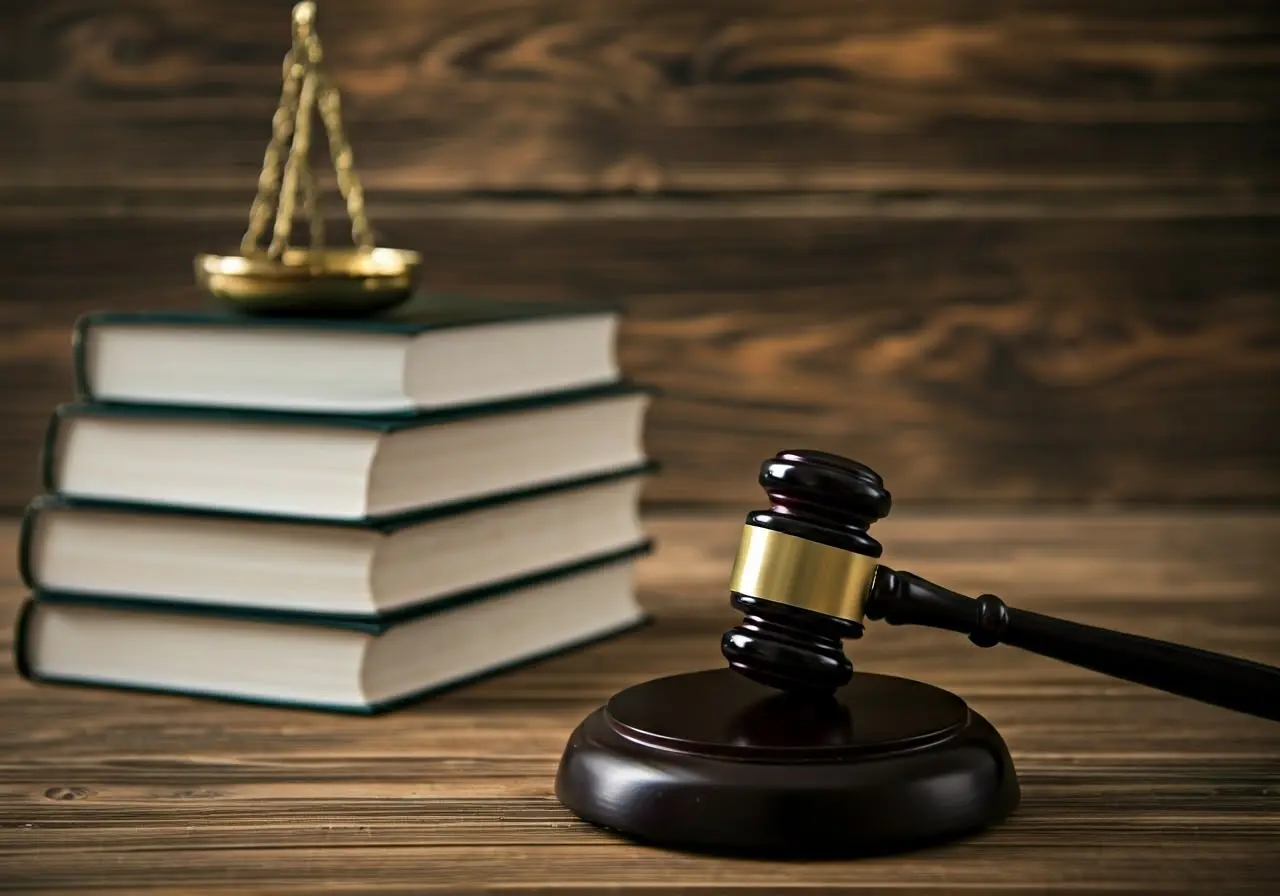 A gavel and legal books on a wooden desk. 35mm stock photo