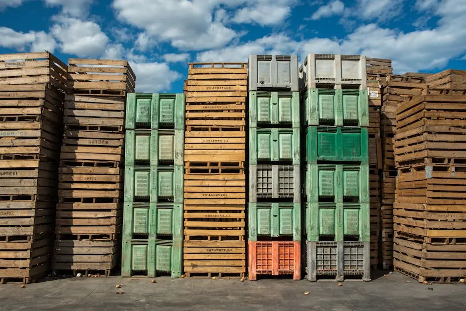 Stacks of wooden and plastic pallets under a blue sky, perfect for logistics and distribution themes.
