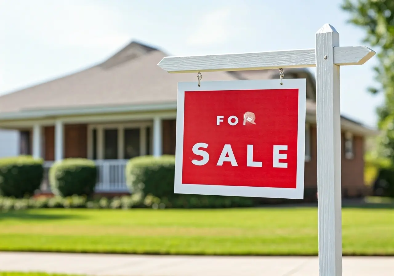 A For Sale sign placed in front of a house. 35mm stock photo