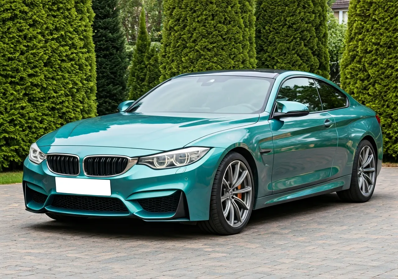 A shiny car with a protective cover in a driveway. 35mm stock photo