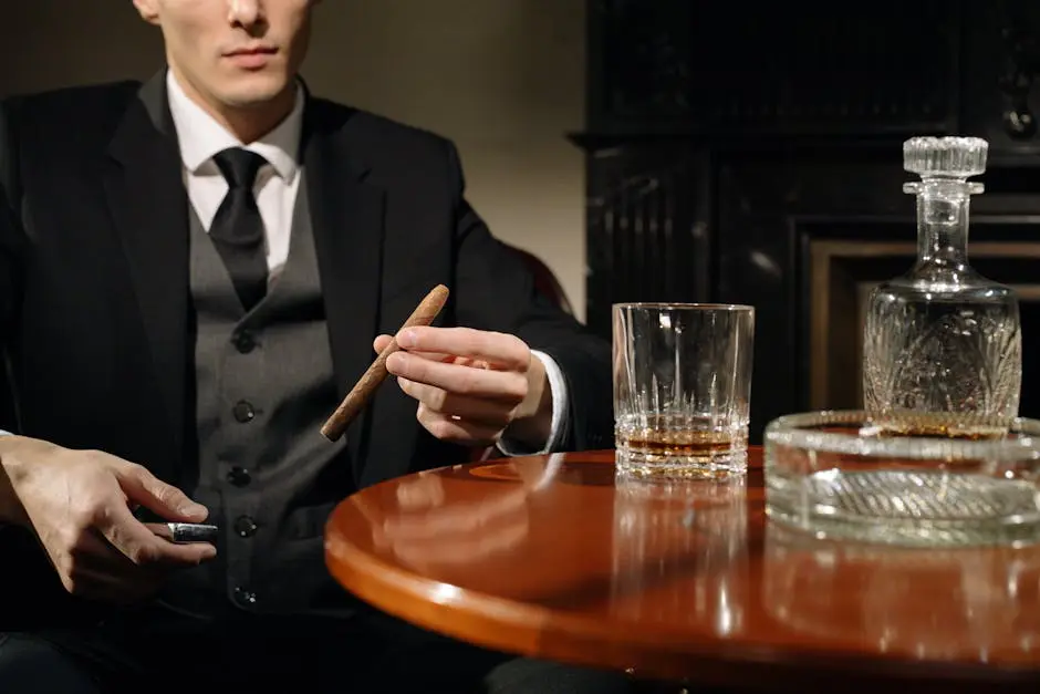 An elegant man in a suit holding a cigar beside a whiskey glass, exuding mystery and class.