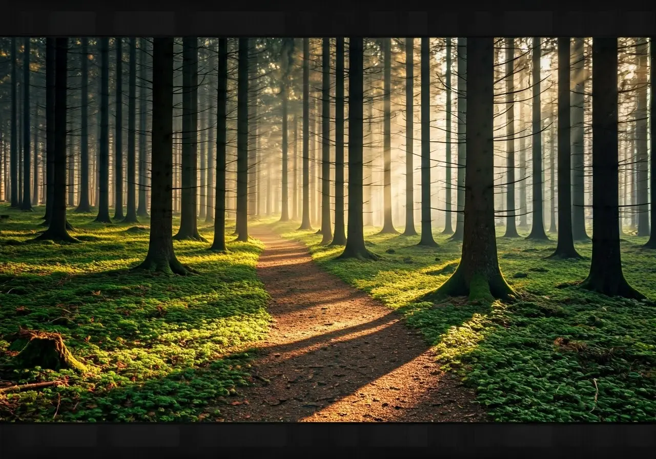 A serene forest with a winding path and sunlight filtering. 35mm stock photo