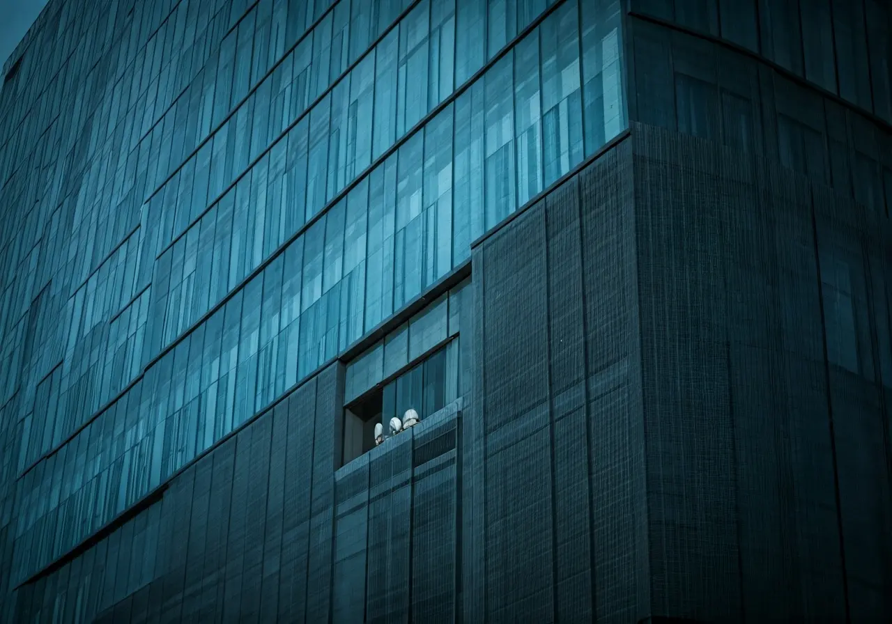 A modern smart building with high-tech security sensors displayed. 35mm stock photo