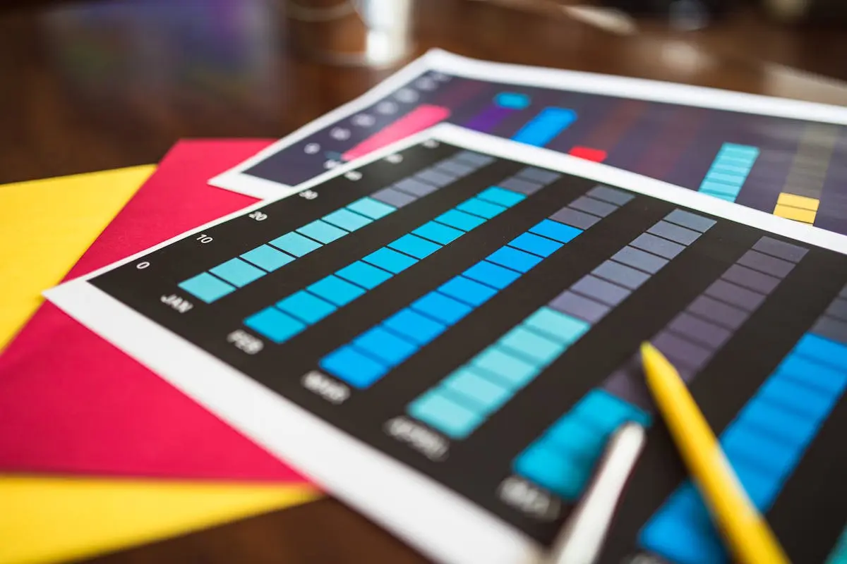 Close-up of colorful sales training financial charts and a pencil on a wooden desk.