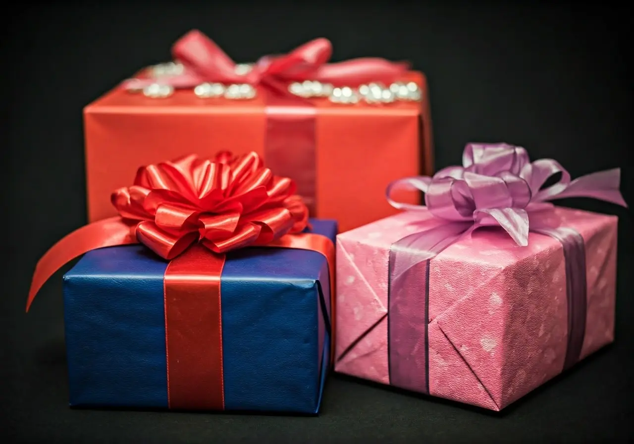 A selection of beautifully wrapped bachelorette gifts on display. 35mm stock photo