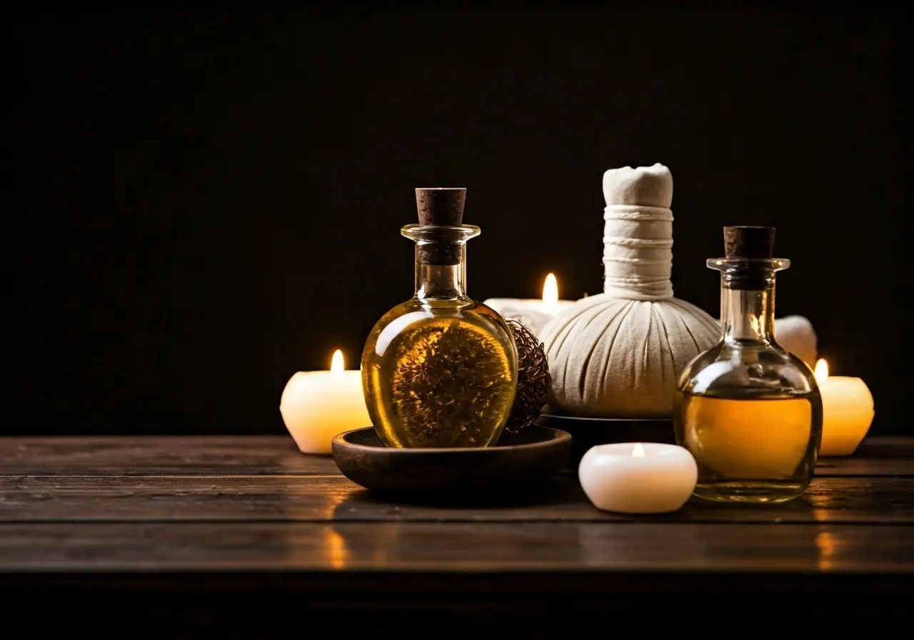 A serene spa setting with massage oils and soft lighting. 35mm stock photo