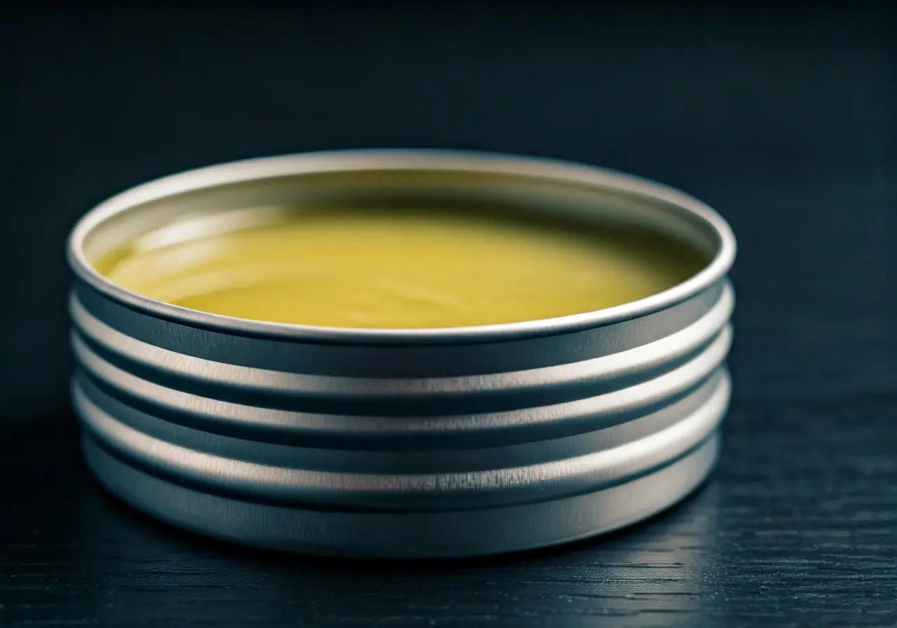 A close-up of a shiny, open metal tin of wave grease. 35mm stock photo