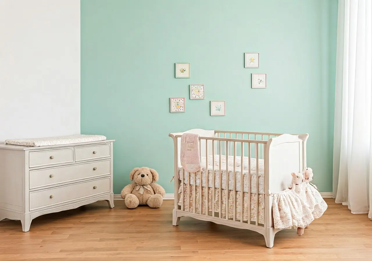 A peaceful nursery featuring soft pastel-colored baby furniture. 35mm stock photo