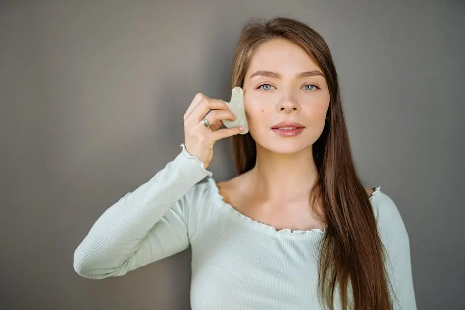 A woman uses a jade gua sha tool for facial massage, promoting self-care and beauty routines.