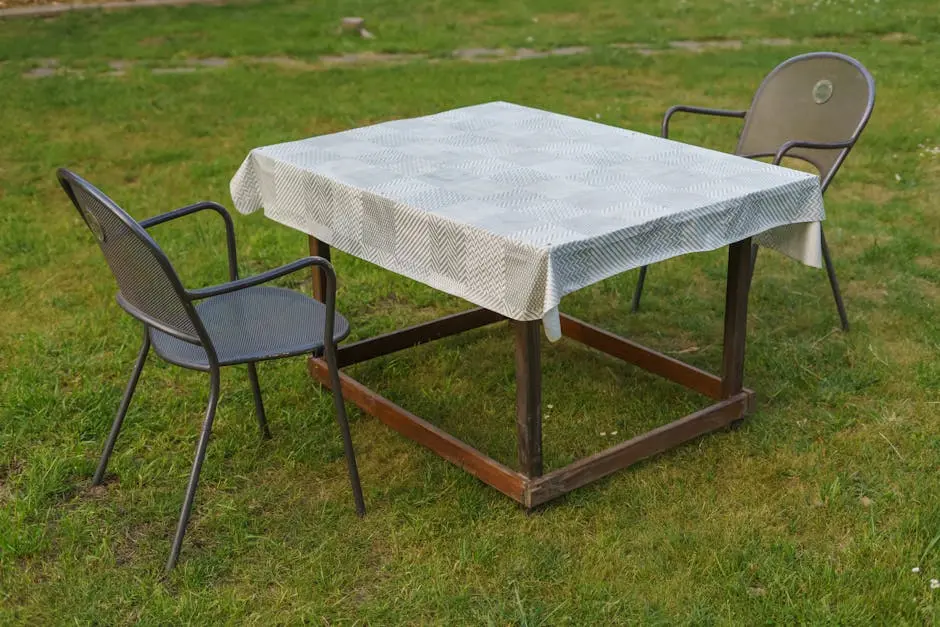 A tranquil outdoor setup with two metal chairs and a wooden table on a grassy lawn, perfect for al fresco dining.
