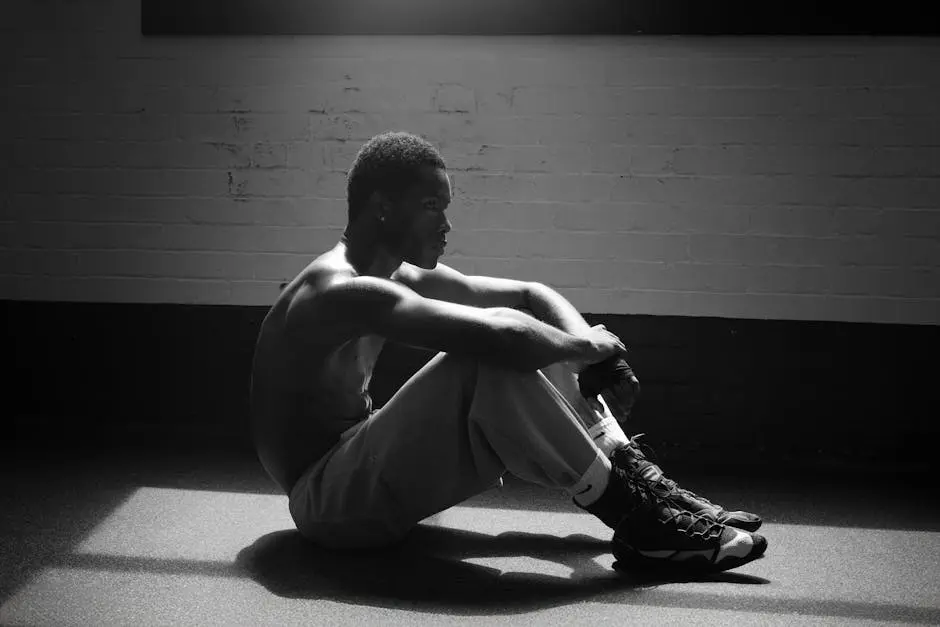Black and white portrait of a pensive athlete sitting indoors, lit dramatically.