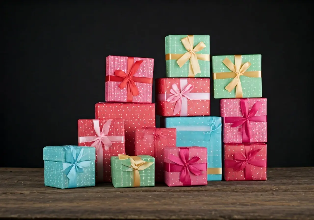 A pile of beautifully wrapped, colorful gift boxes. 35mm stock photo