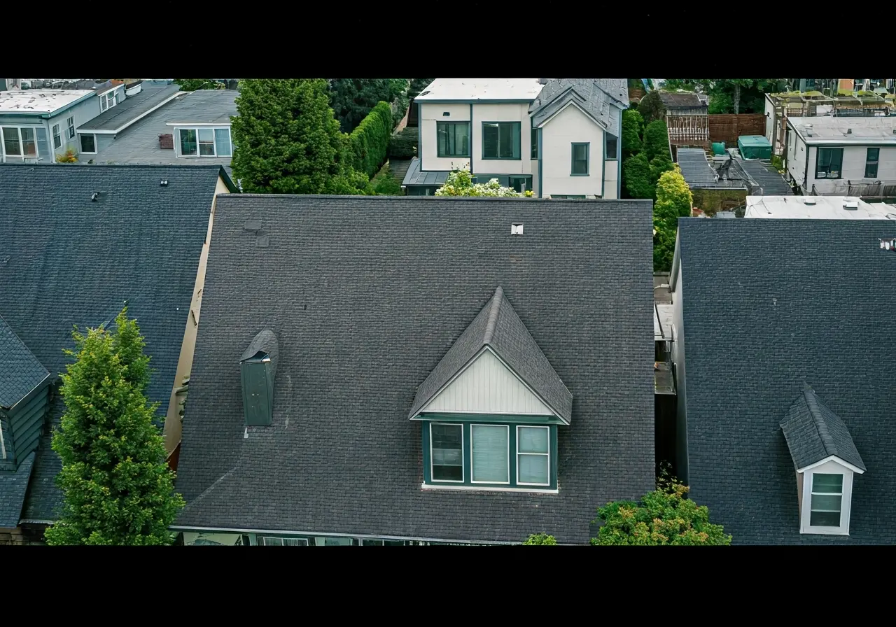Aerial view of Seattle homes with recently repaired roofs. 35mm stock photo