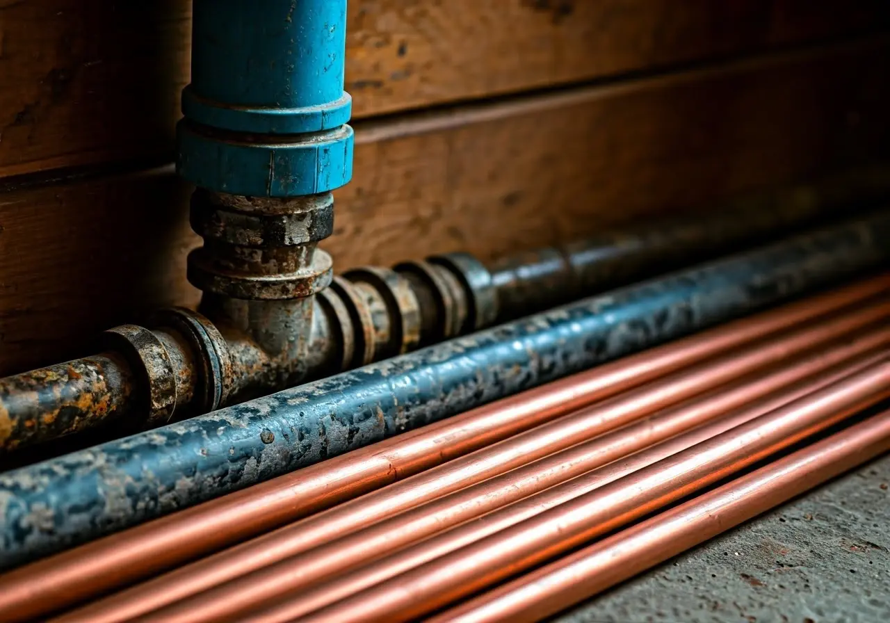Old corroded pipes beside new shiny copper pipes on a floor. 35mm stock photo