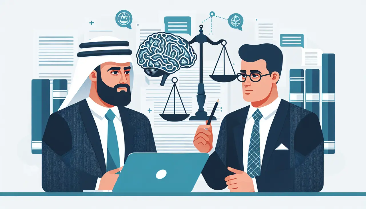 Draw a graphic in flat design style. A flat design illustration of a confident attorney discussing a case with a client, symbolized by a scale of justice and a brain icon, with the background showing scattered documents representing legal strategies.