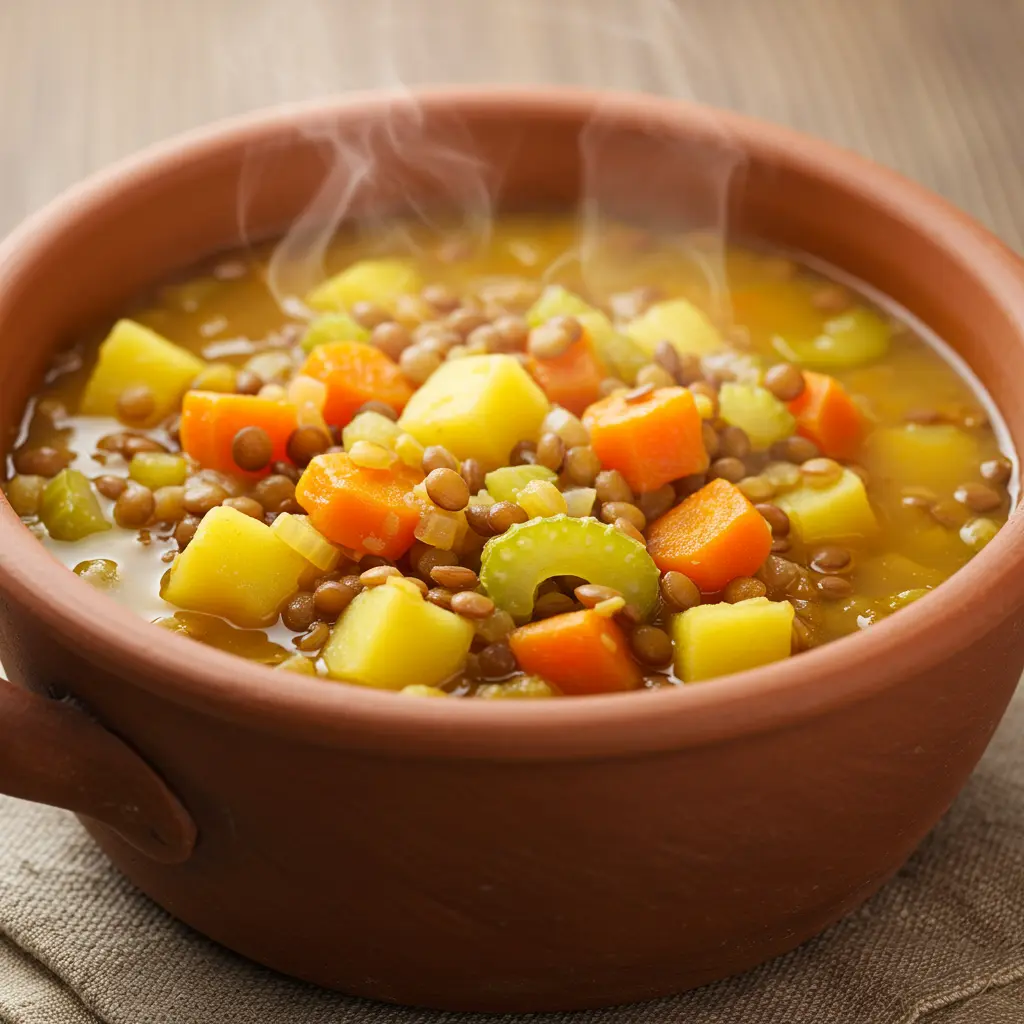 Bowl of lentil soup with vegetables.