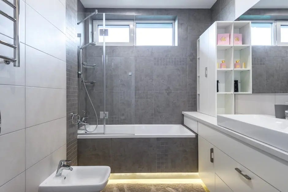 Contemporary bathroom featuring sleek gray tiles, bathtub, shower, and vanity.