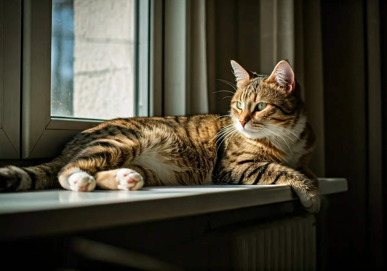 A cozy cat lounging on a sunlit window sill. 35mm stock photo