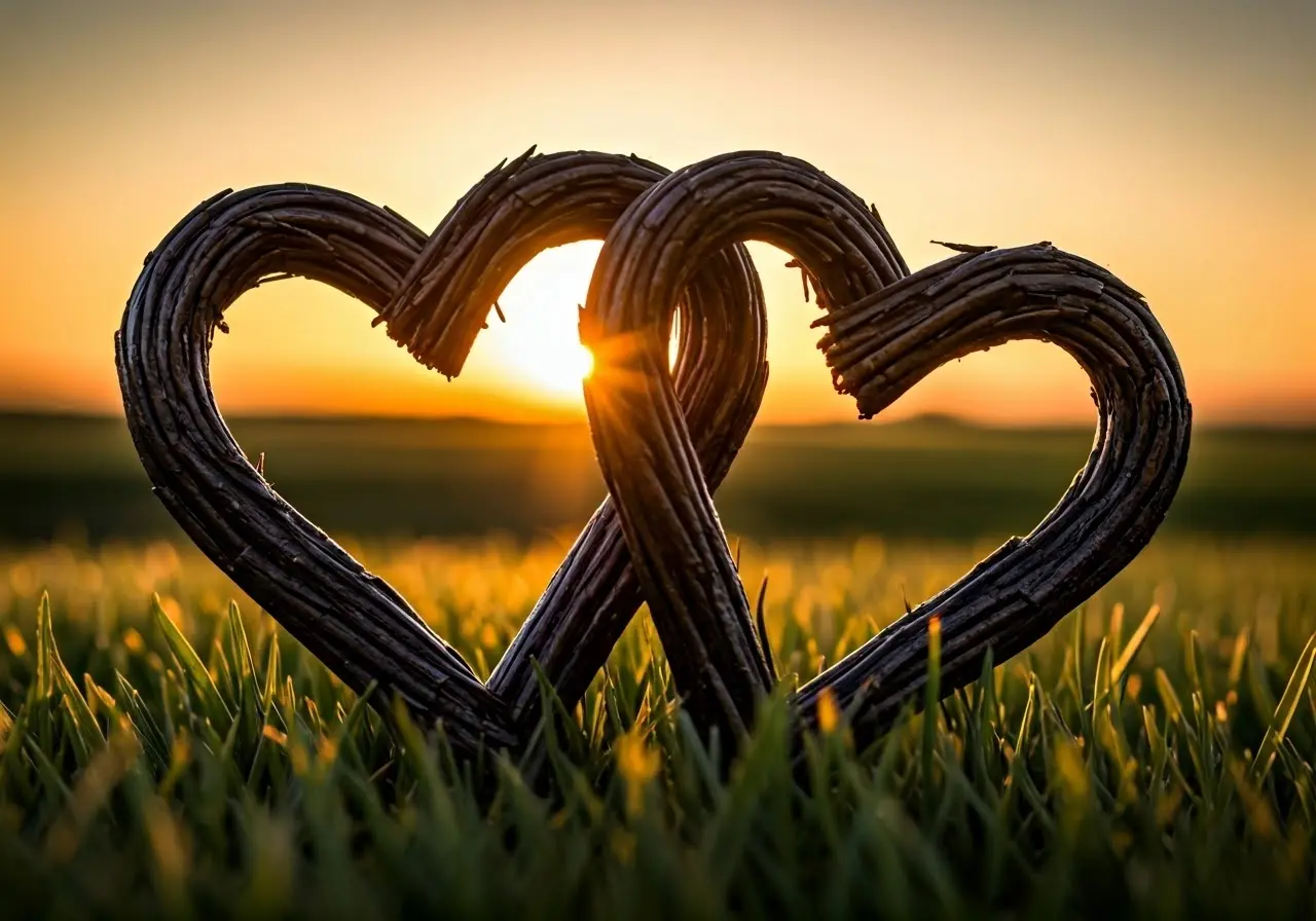 Two intertwined hearts in a serene, sunset-lit landscape. 35mm stock photo