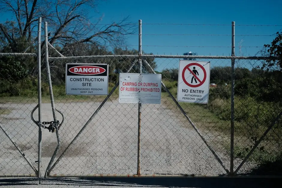 Metal gate with warning signs at a construction site prohibiting entry and dumping.