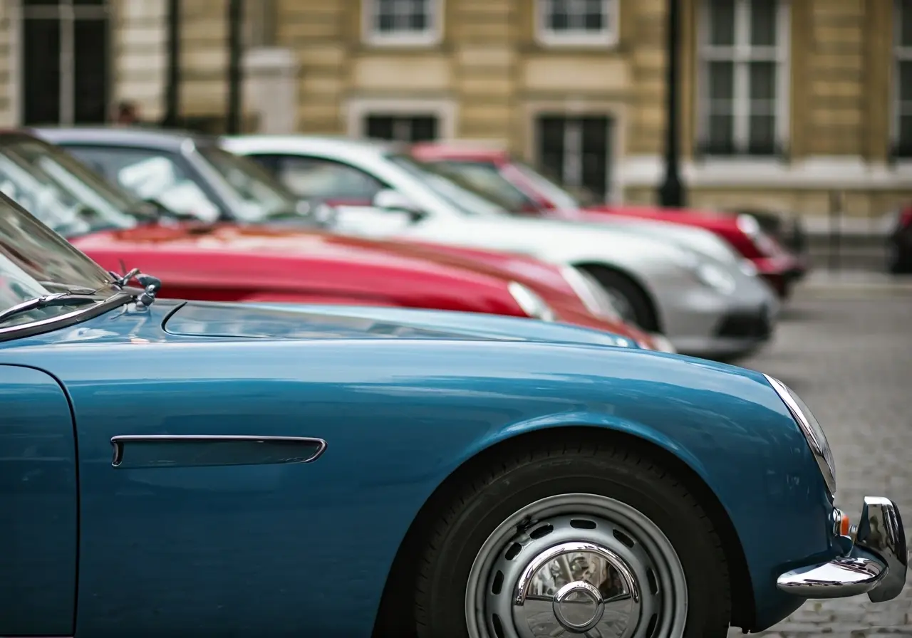 A row of shiny, detailed cars parked in London. 35mm stock photo