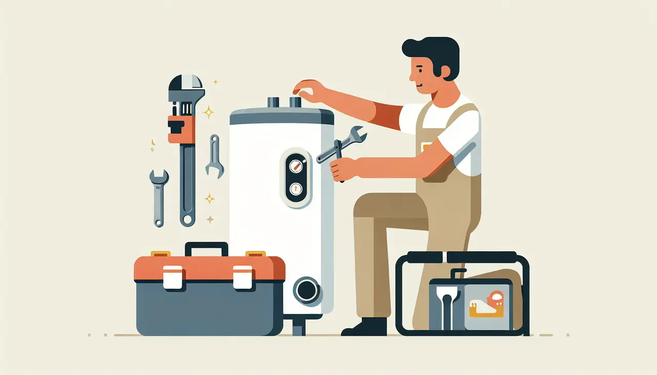 Draw a graphic in flat design style. A minimalist flat design illustration of a plumber examining a water heater, with a toolbox and wrench nearby.