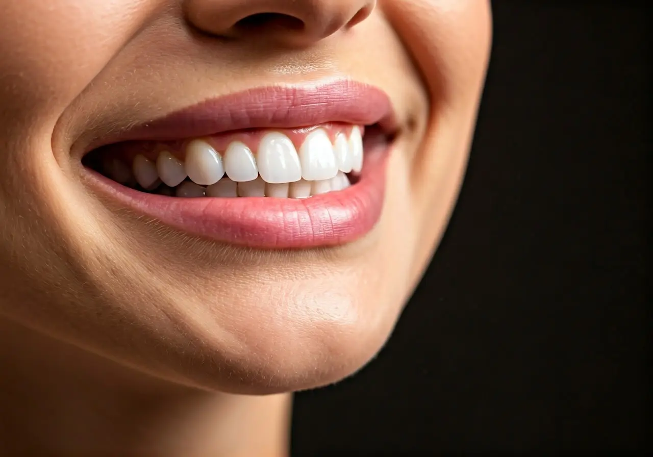 A bright smile with sparkling white teeth in the mirror. 35mm stock photo