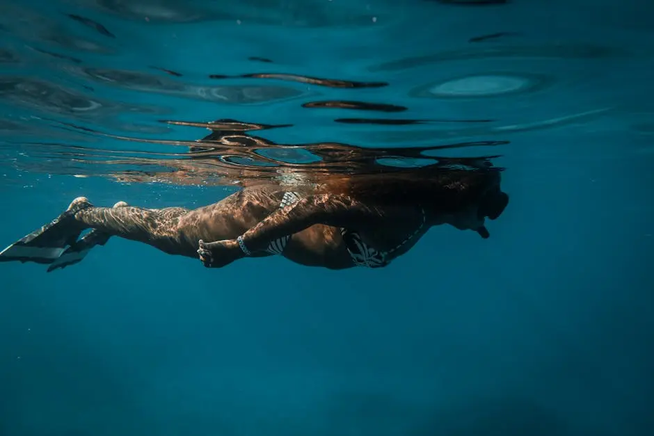 Diver swims underwater in the ocean, exploring marine life in clear blue water.