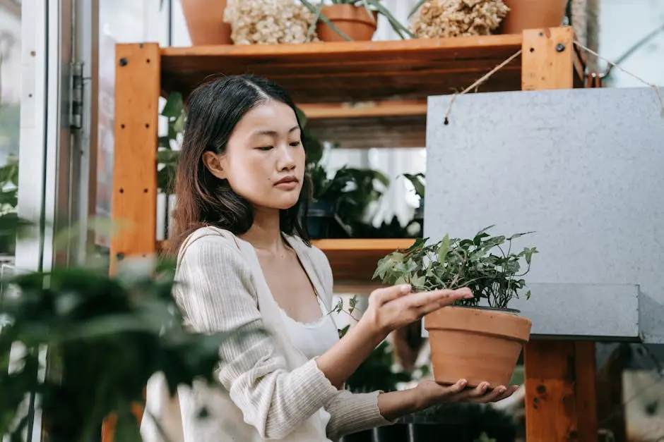 An Asian woman examines a potted plant in a tranquil indoor garden store.