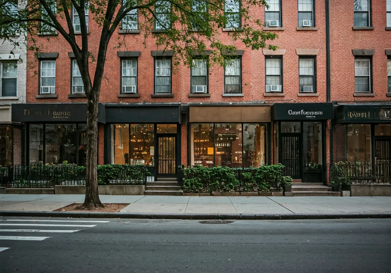 A serene Brooklyn street with boutique cosmetic clinics visible. 35mm stock photo
