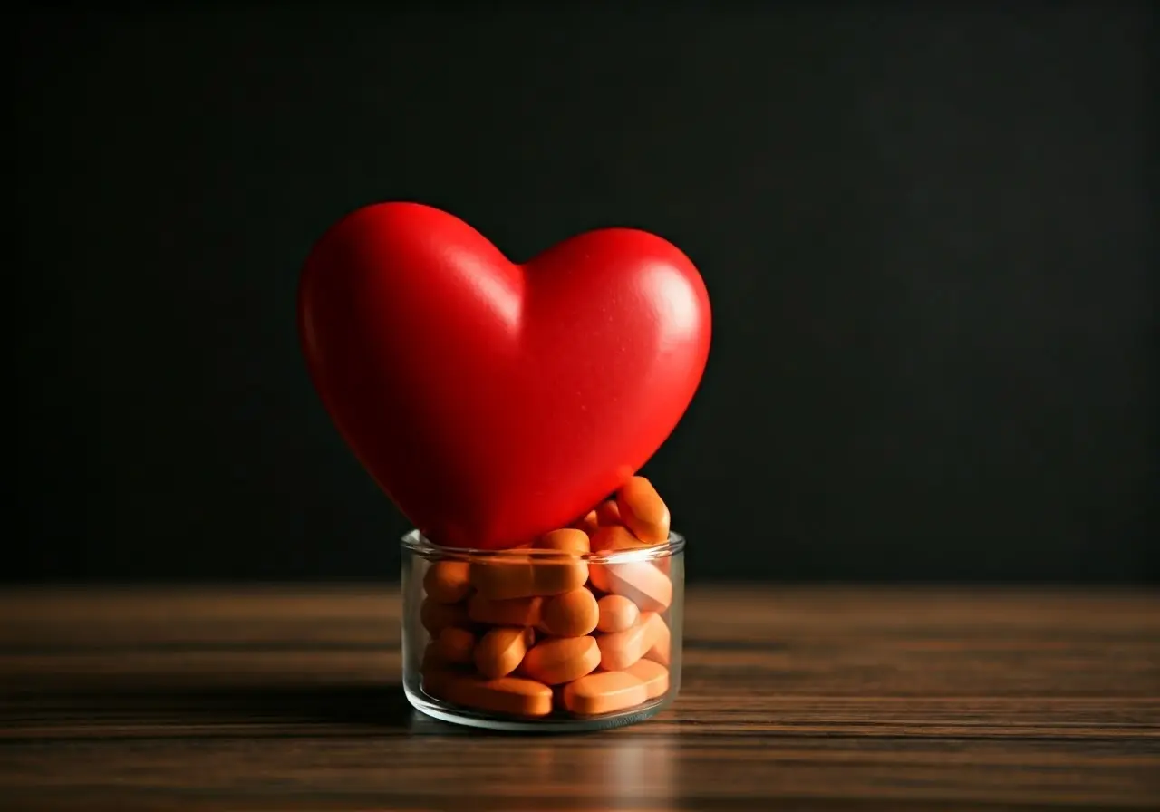 Bottles of heart health supplements against a clean background. 35mm stock photo