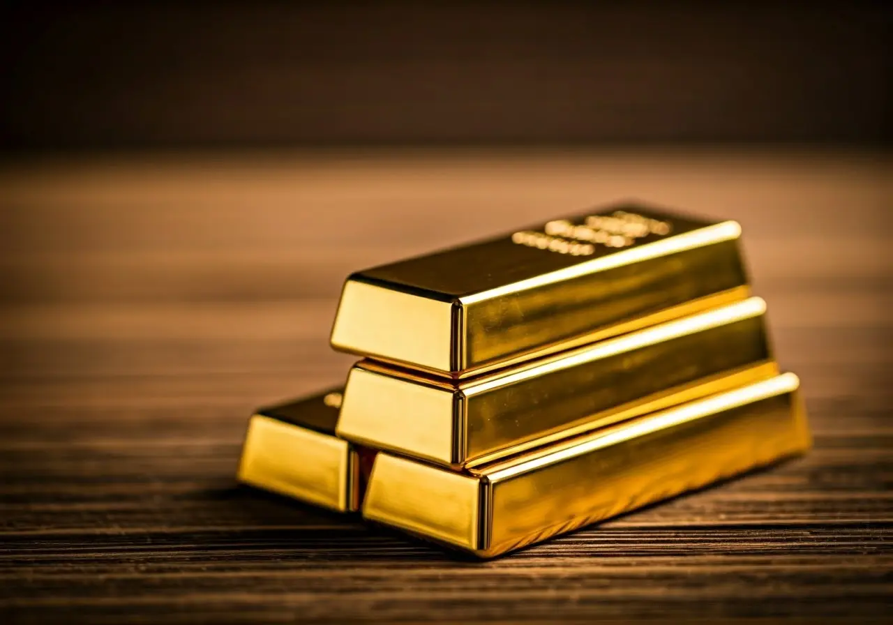 A close-up of stacked gold bars on a wooden surface. 35mm stock photo