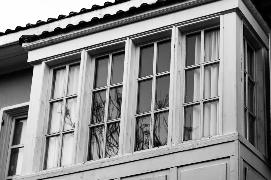 A classic black and white photograph of a traditional window with reflections on glass.