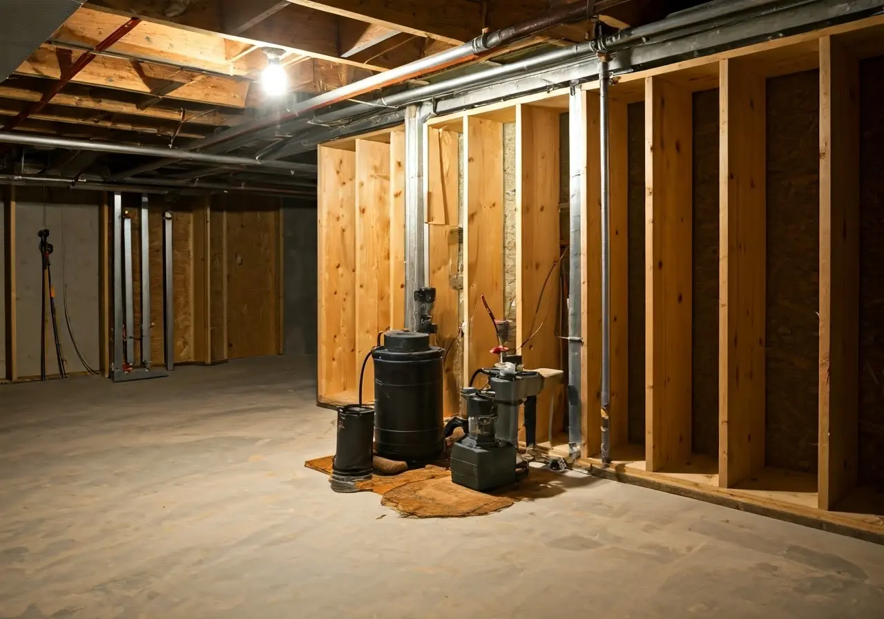 A basement with a visible, installed sump pump system. 35mm stock photo