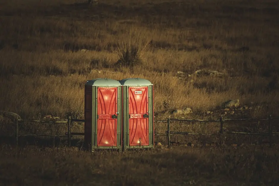 Two red portable toilets set in a vast, serene grassland during the day, capturing an unusual yet peaceful contrast.